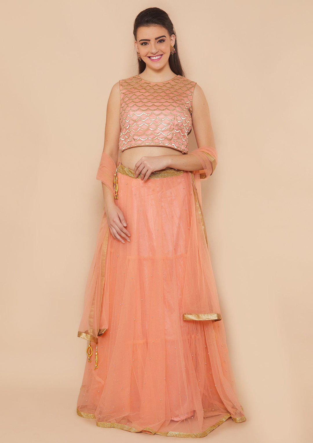Peach Cutdana Soft-Net Designer Lehenga-Koskii