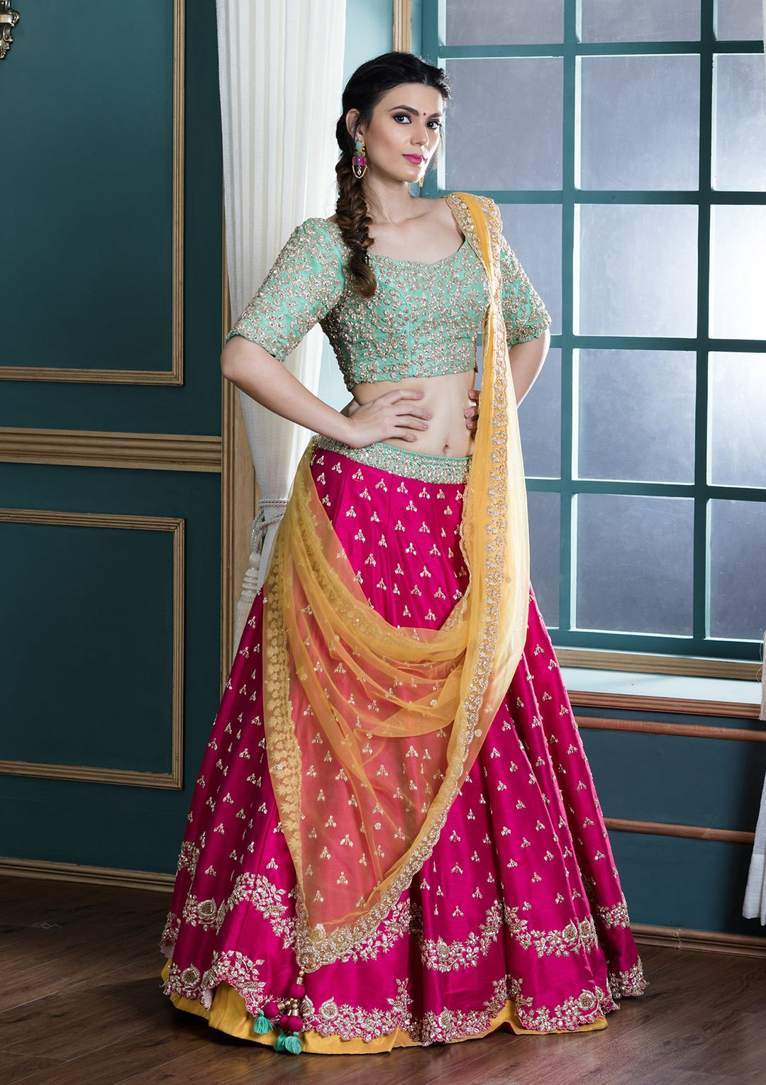 Pink Sequinned Silk Designer Lehenga-Koskii