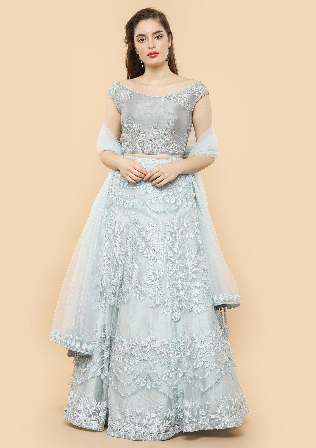koskii pastel blue and grey bridal lehenga-Koskii