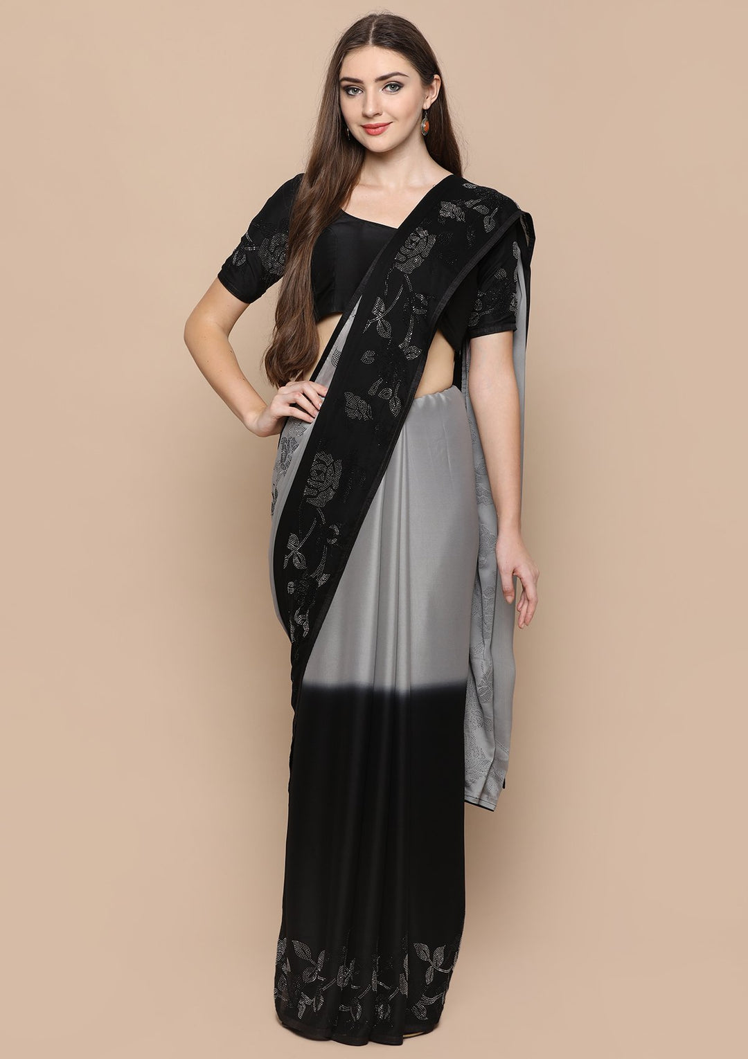 Black and Grey Floral Crepe Designer Saree-Koskii