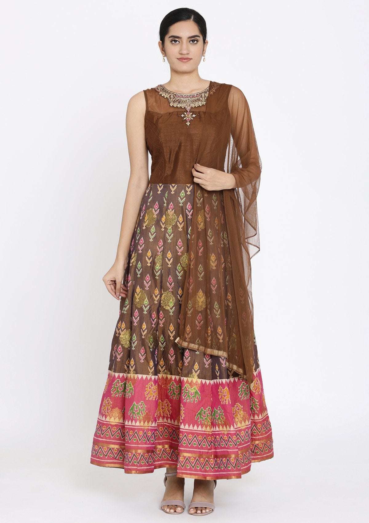 Brown Stonework Art Silk Designer Gown - koskii