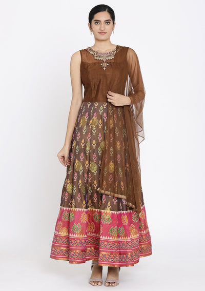 Brown Stonework Art Silk Designer Gown - koskii