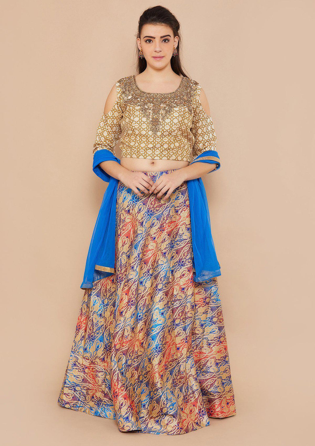 Blue and Cream Brocade Designer Lehenga-Koskii