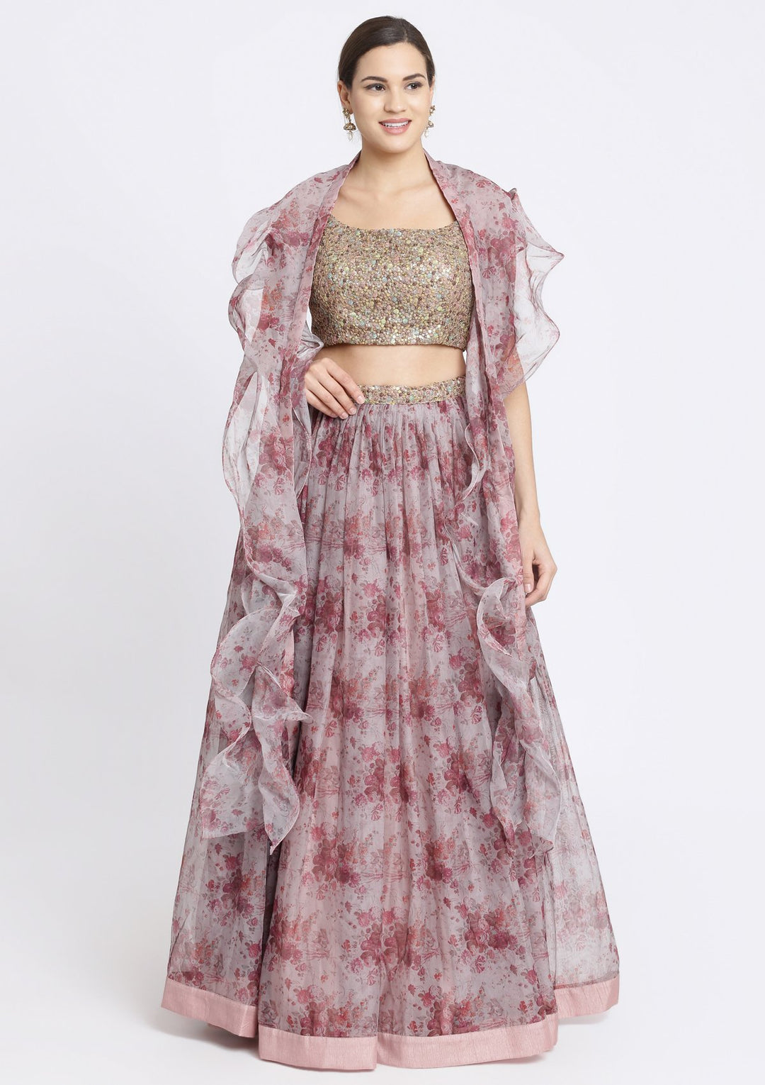 Lavender and Brown Sequins Tissue Designer Lehenga-Koskii