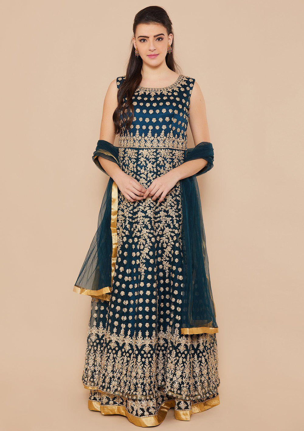 Teal Zariwork Net Designer Gown-Koskii