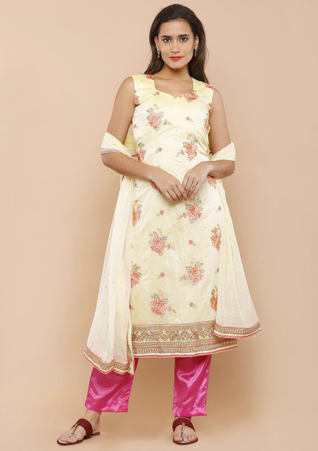 Yellow and Pink Floral Designer Salwar Suit-Koskii