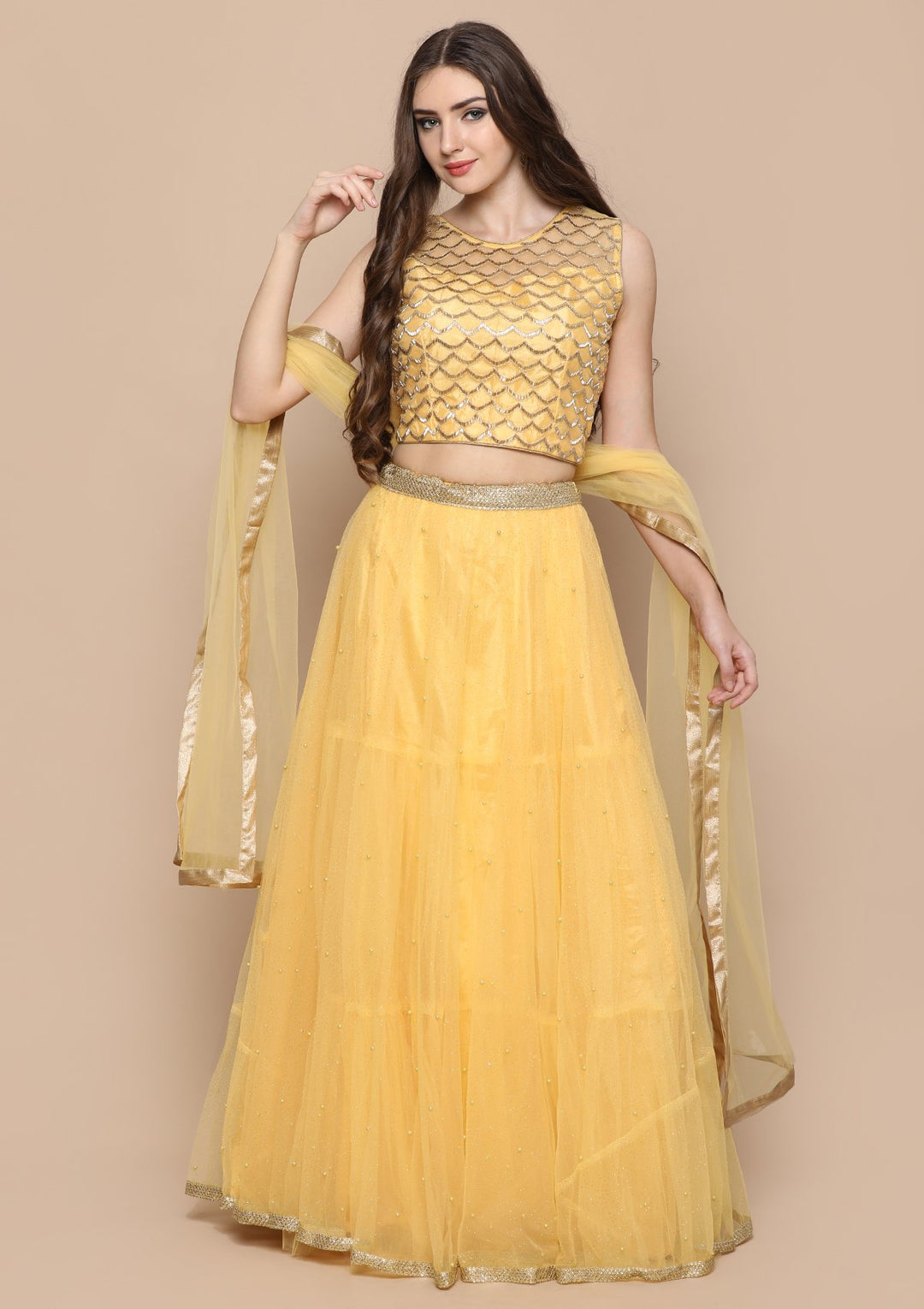 Yellow Shimmer Appliqu???Ìâ?å©d Silk Designer Lehenga-Koskii