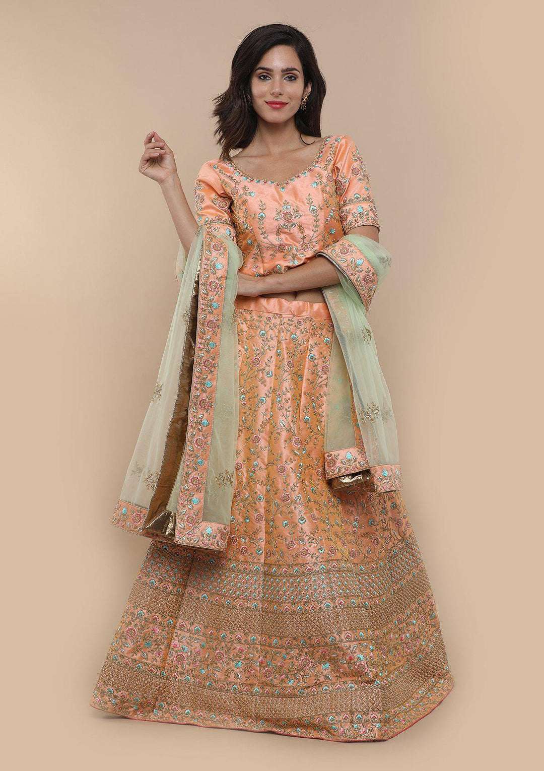 KOSKIII PEACH FLORAL WORK BRIDAL LEHENGA-Koskii