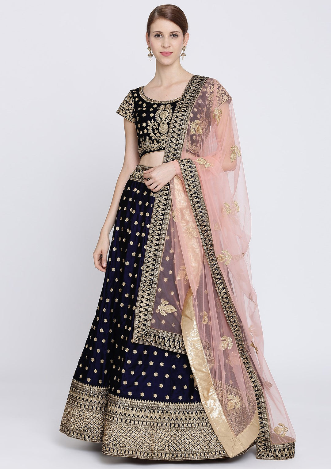 Navy Blue Zariwork Velvet Designer Lehenga-Koskii