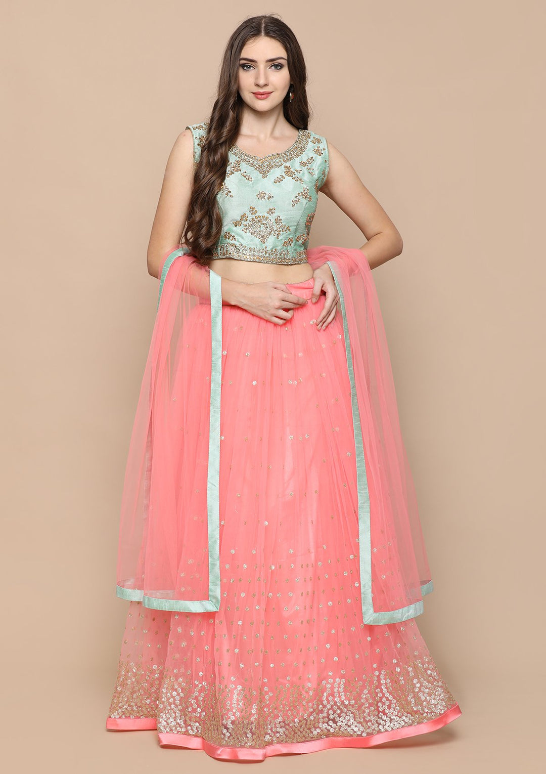 Pink Stone Work Silk Designer Lehenga-Koskii