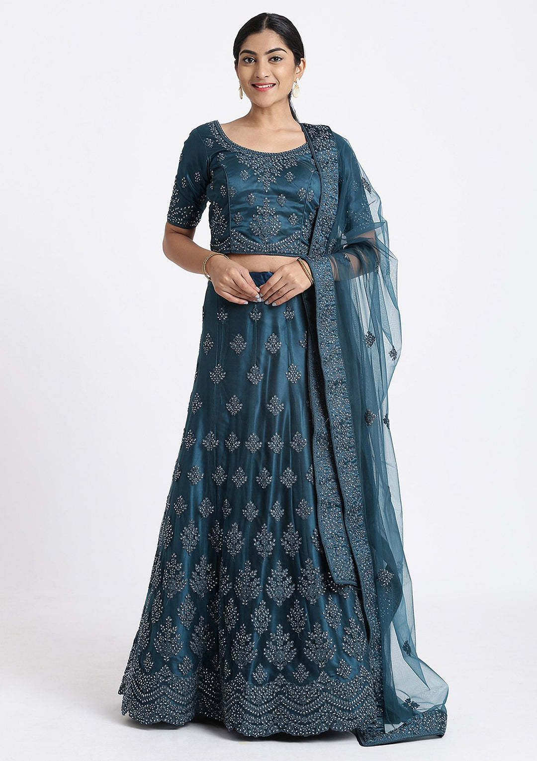 Peacock Blue Thread Work Net Designer Lehenga-Koskii