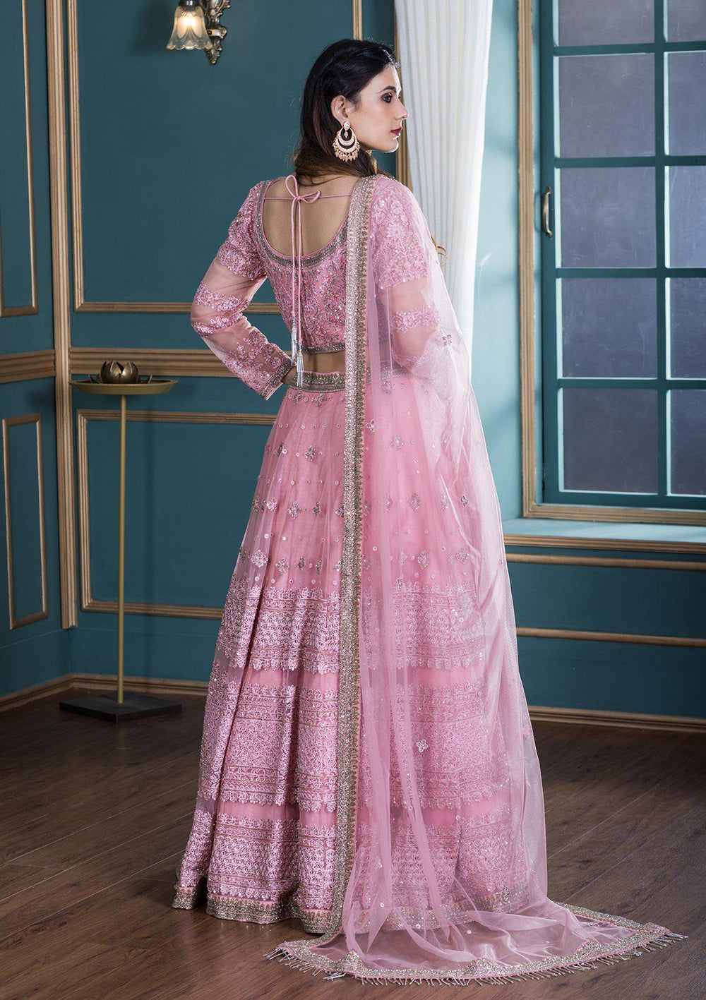 Pink Thread Work Net Designer Lehenga-Koskii