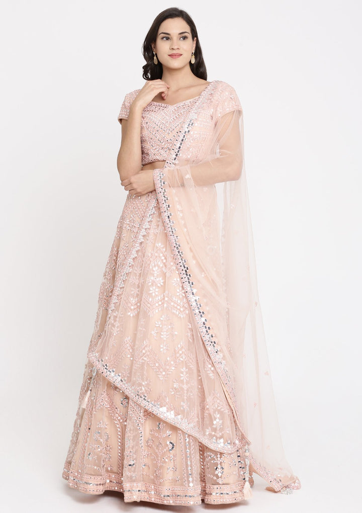 Peach Mirrorwork Net Designer Lehenga-Koskii