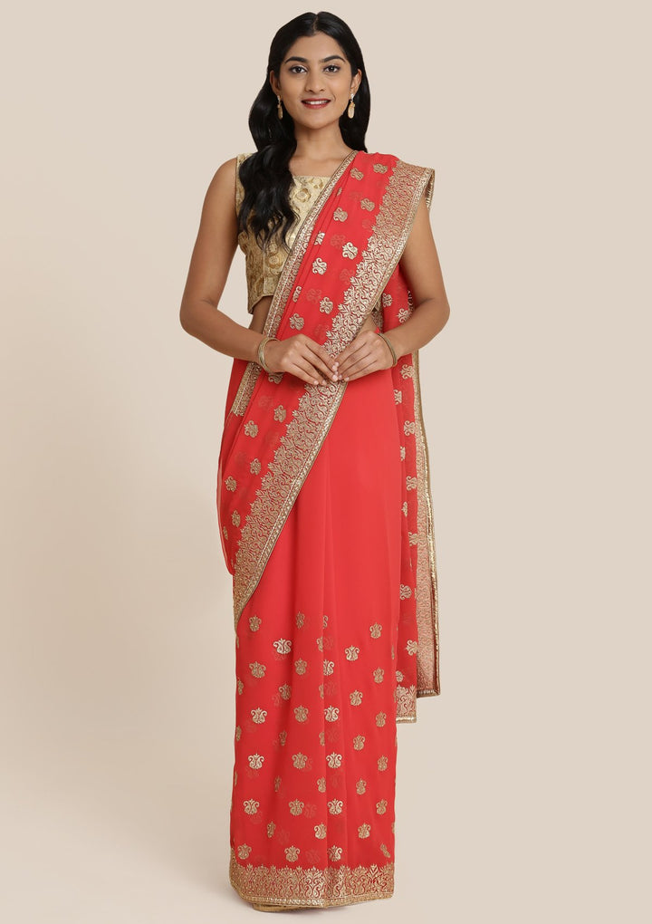 Red Zariwork Chiffon Designer Saree-Koskii