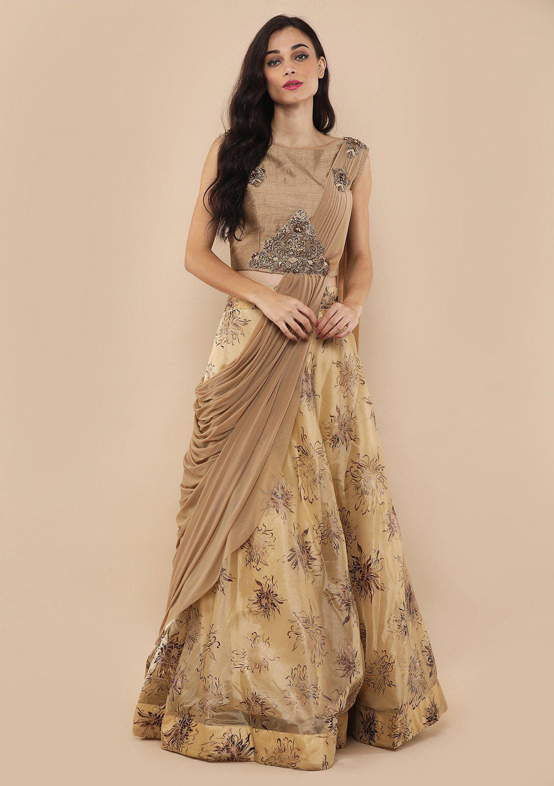 Beige Stone Work Silk Designer Lehenga-Koskii