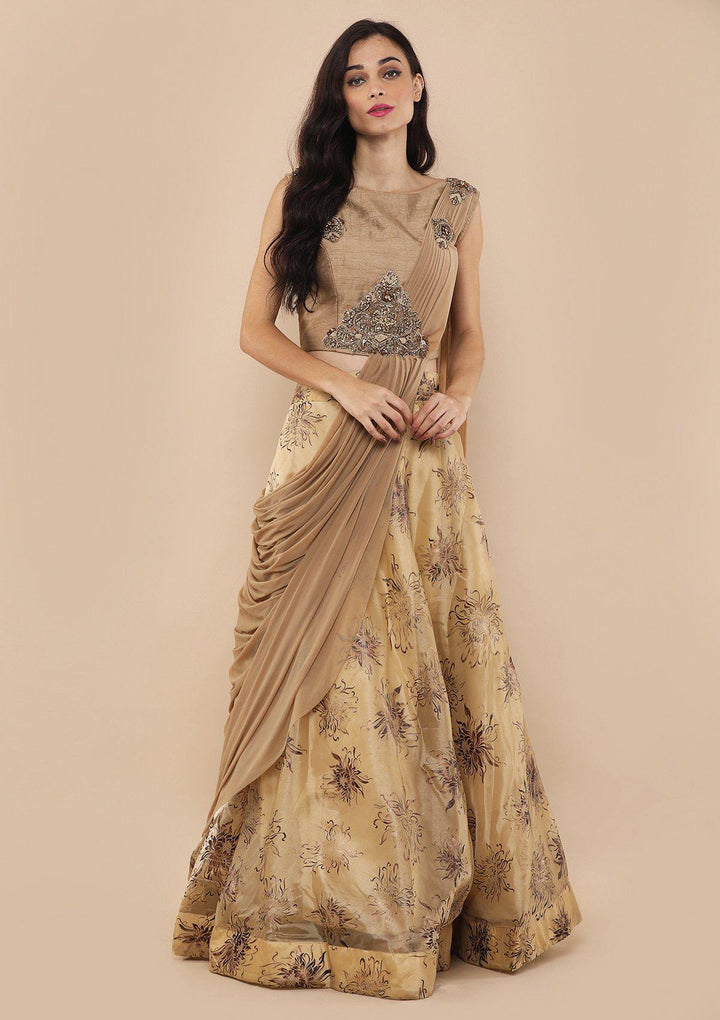 Beige Stone Work Silk Designer Lehenga-Koskii