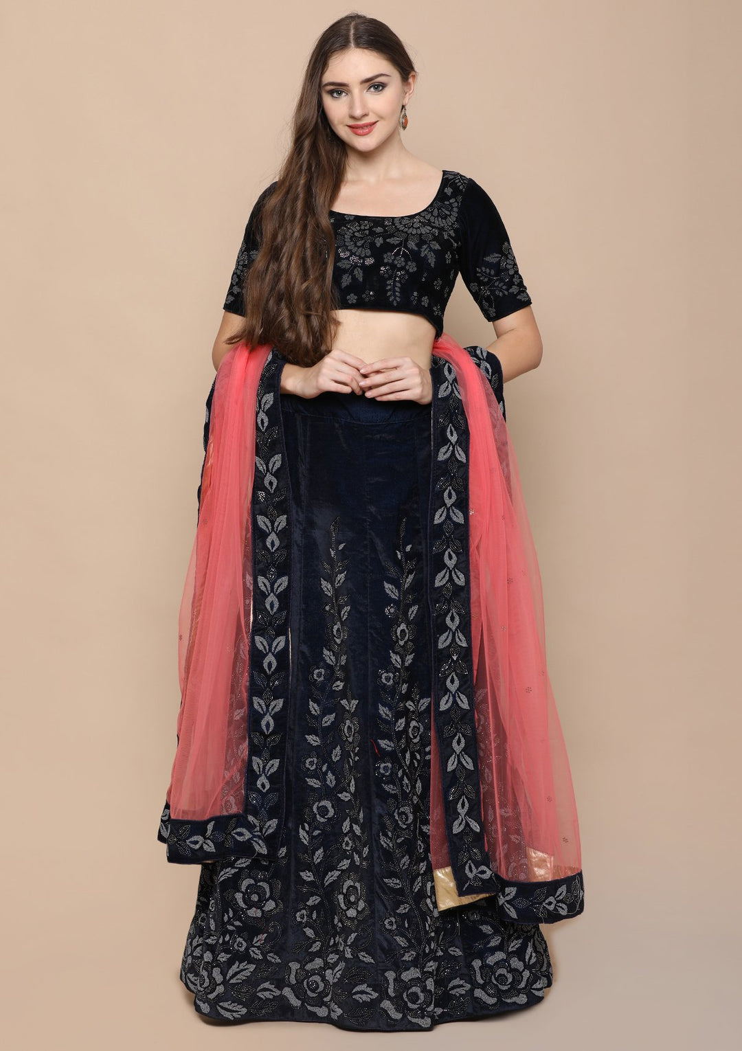 Blue Zari Work Velvet Designer Lehenga-Koskii