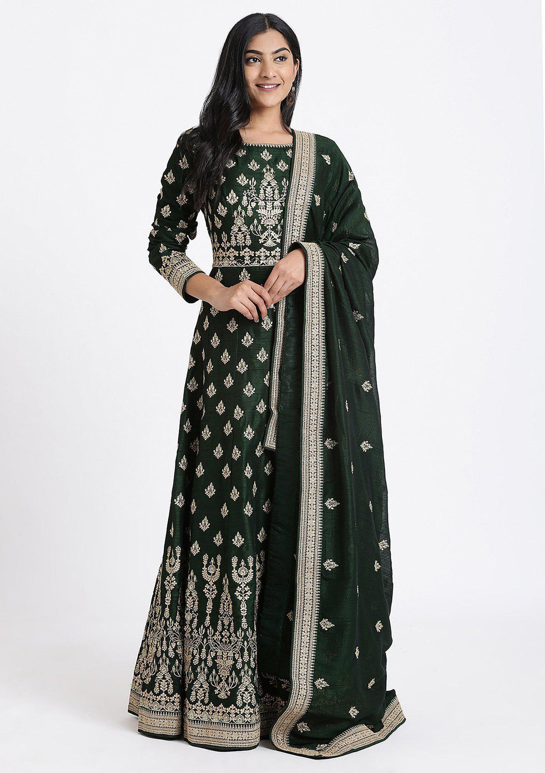 Bottle Green Zariwork Raw Silk Designer Gown-Koskii