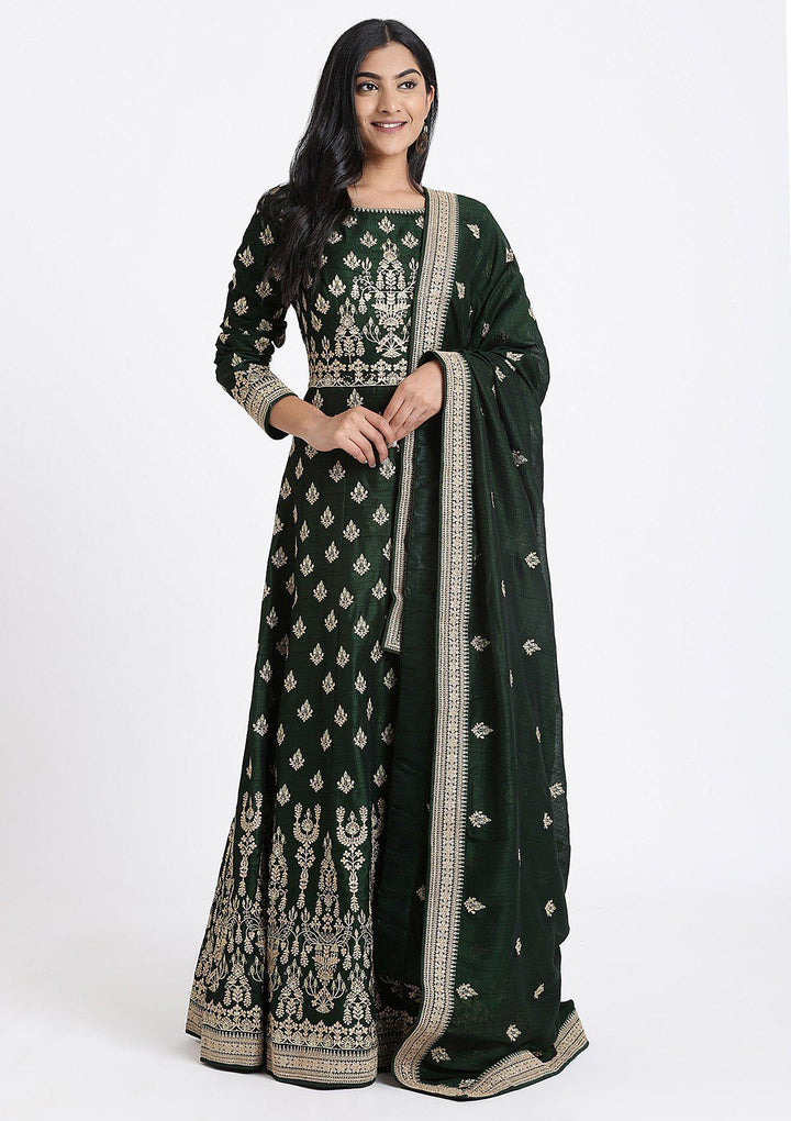Bottle Green Zariwork Raw Silk Designer Gown-Koskii