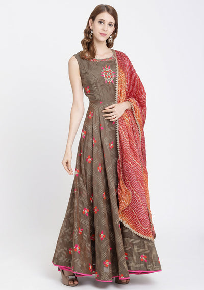 Mehendi Threadwork Banarasi Designer Gown-Koskii