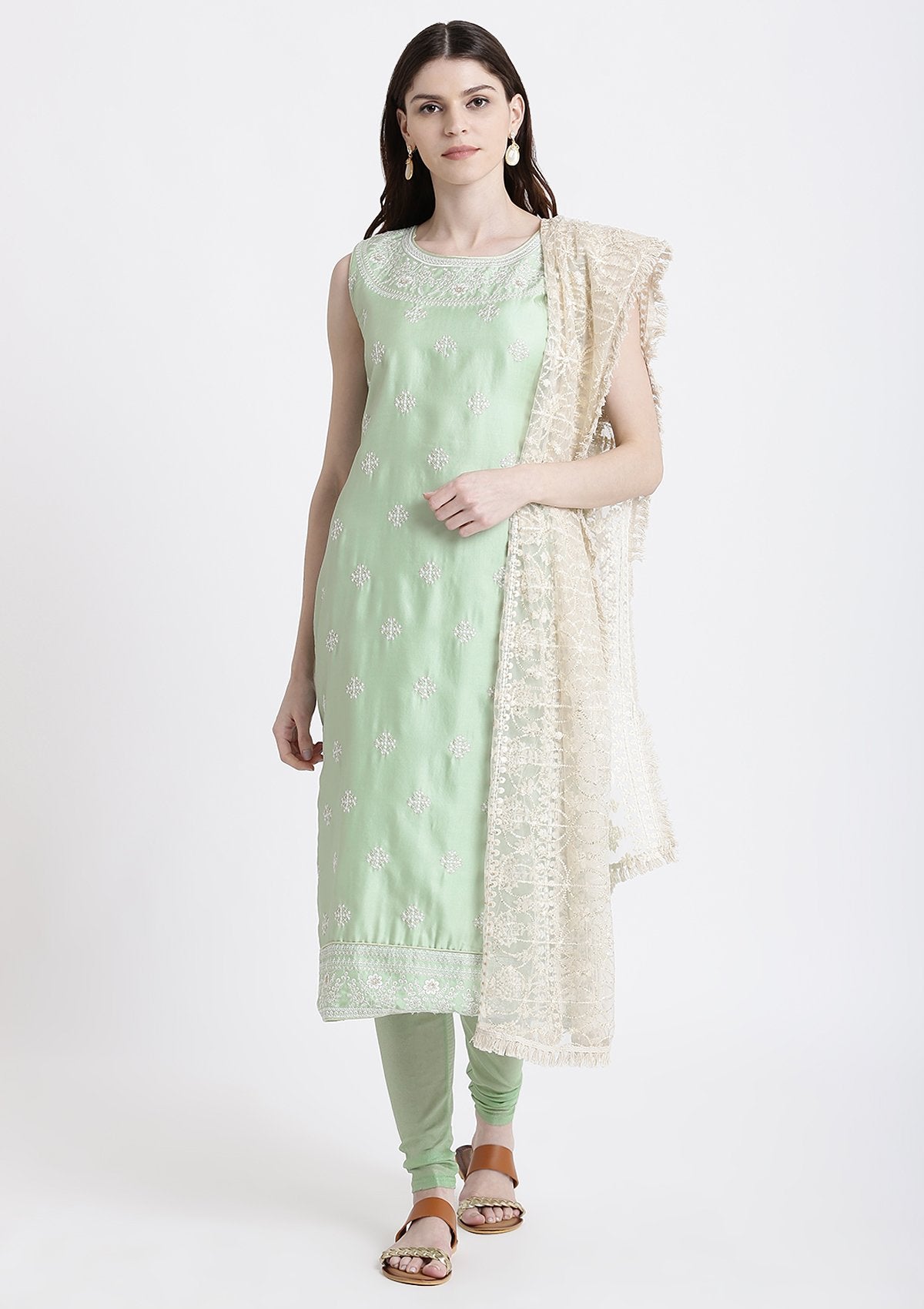 Pista Green Threadwork Satin Designer Salwar Suit-Koskii