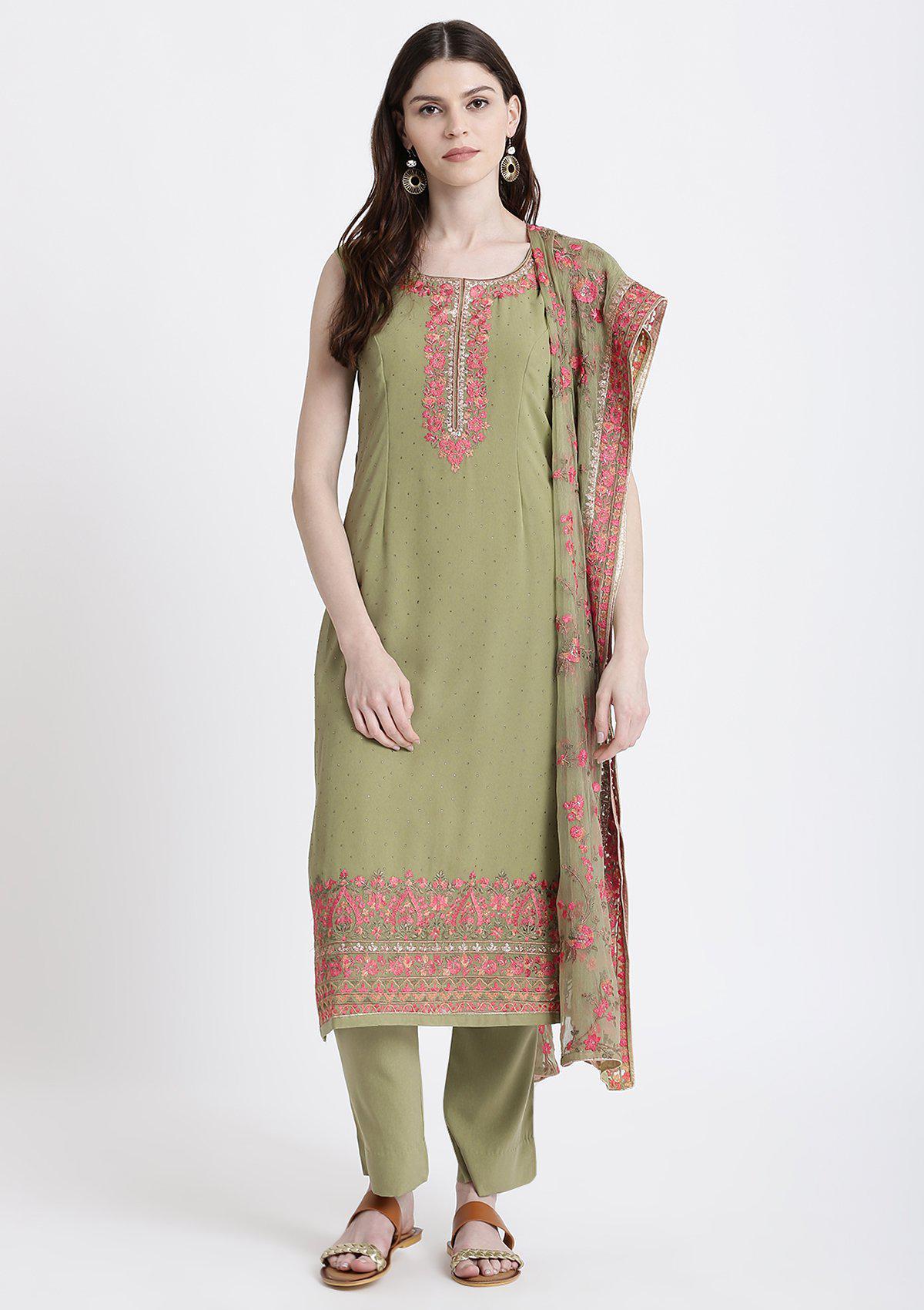 Pista Green Threadwork Georgette Designer Salwar Suit-Koskii