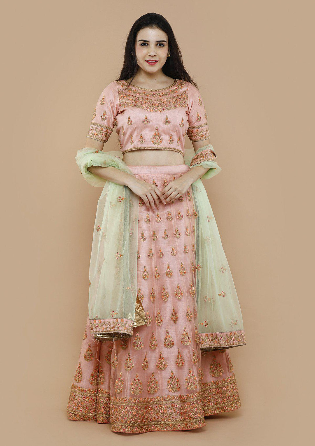 koskii pink net floral work lehenga-Koskii