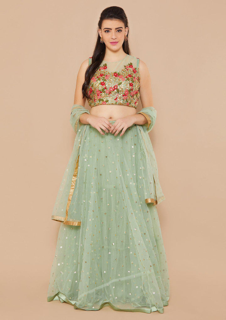 Mint Green Zariwork Net Designer Lehenga-Koskii