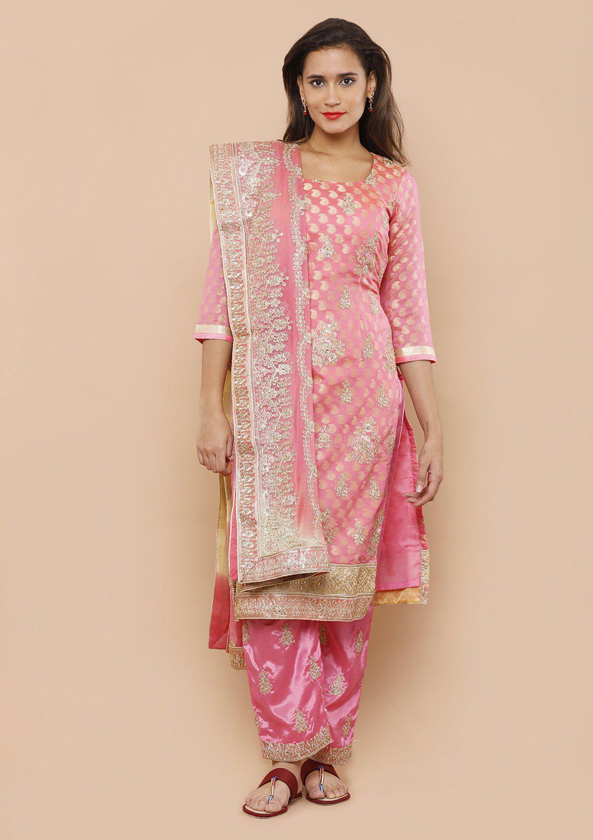 Pink Embellished Banarasi Silk Salwar Suit-Koskii