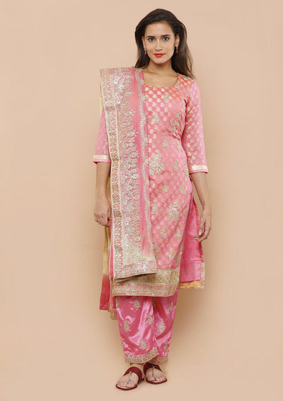Pink Embellished Banarasi Silk Salwar Suit-Koskii