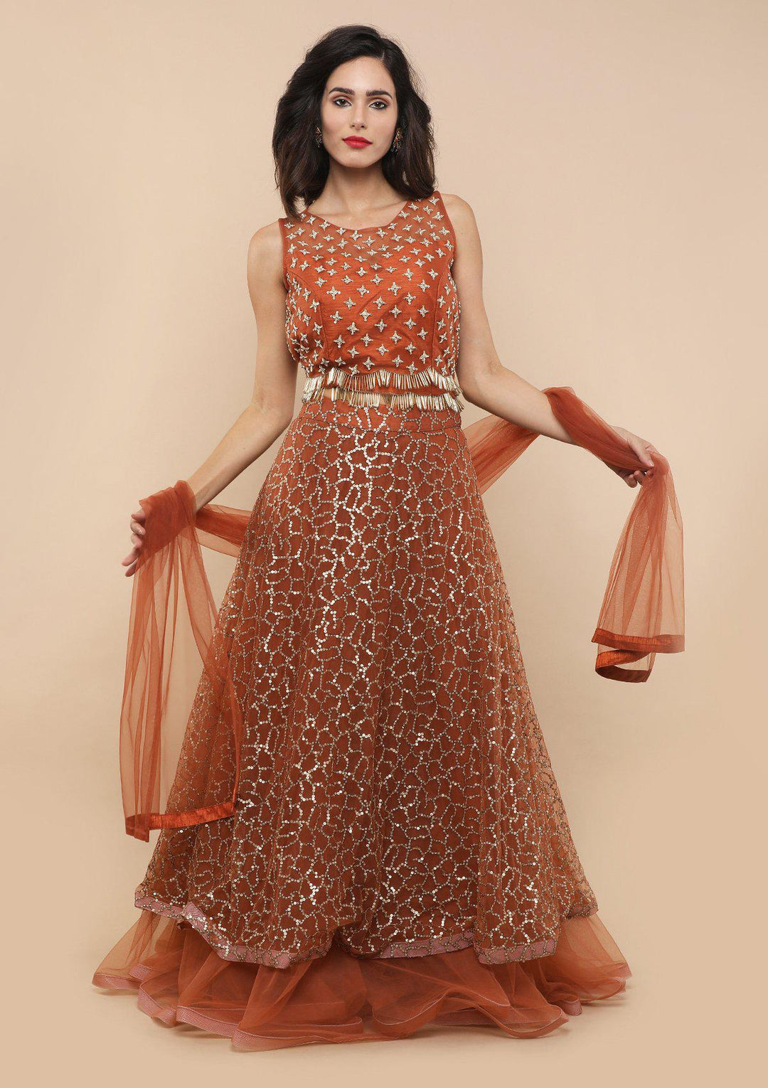 Rusty Orange Sequinned Silk Designer Lehenga-Koskii