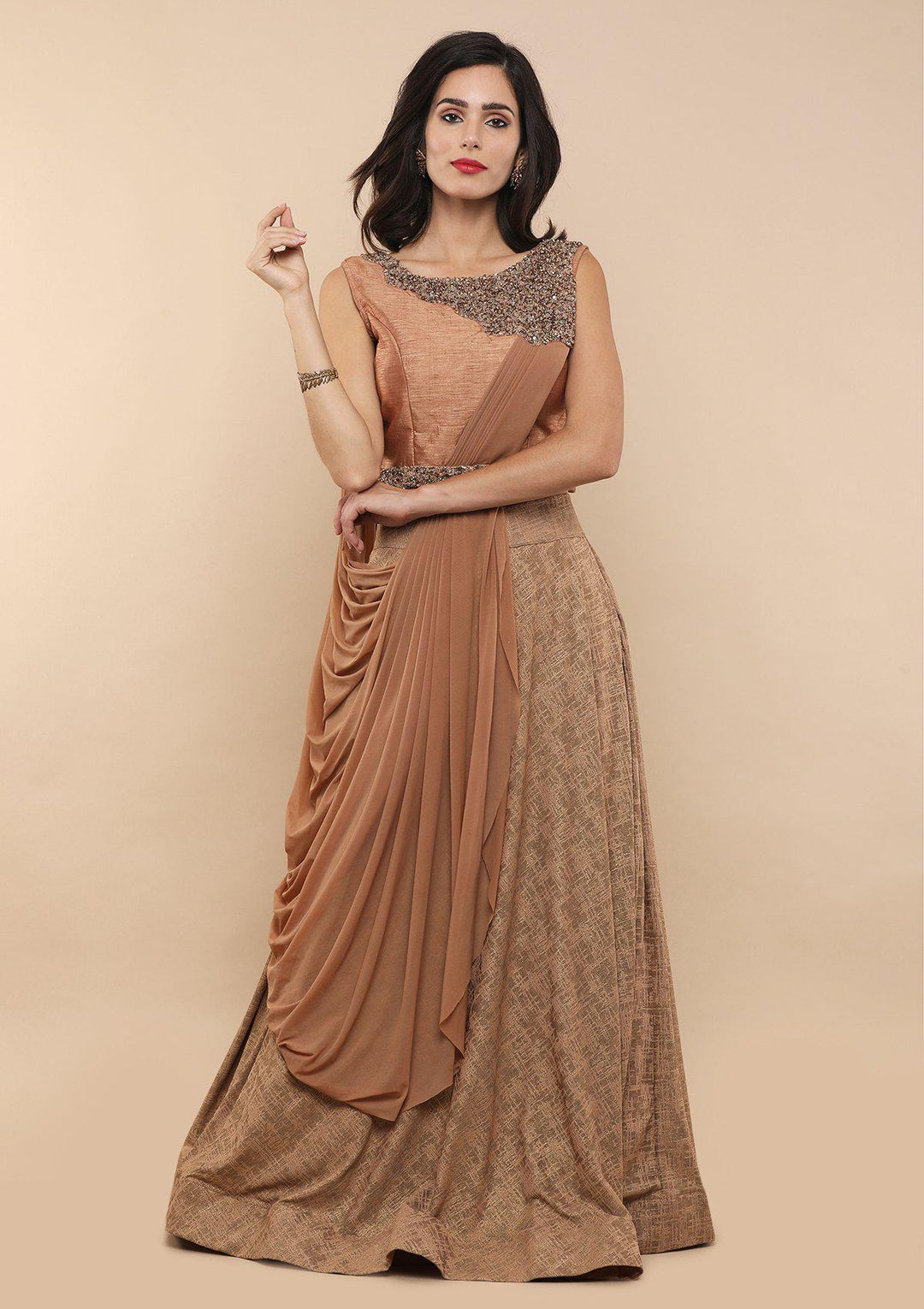 Chestnut Brown Raw Silk Drape Designer Lehenga-Koskii
