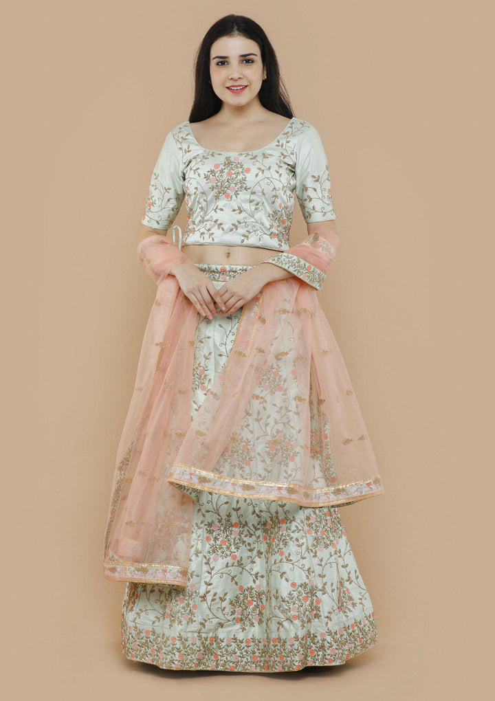 Pastel Green Zari Work Silk Designer Lehenga-Koskii