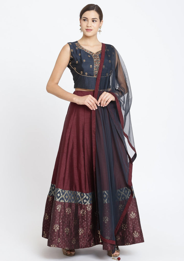 Maroon and Black Cutdana Rawsilk Designer Lehenga-Koskii