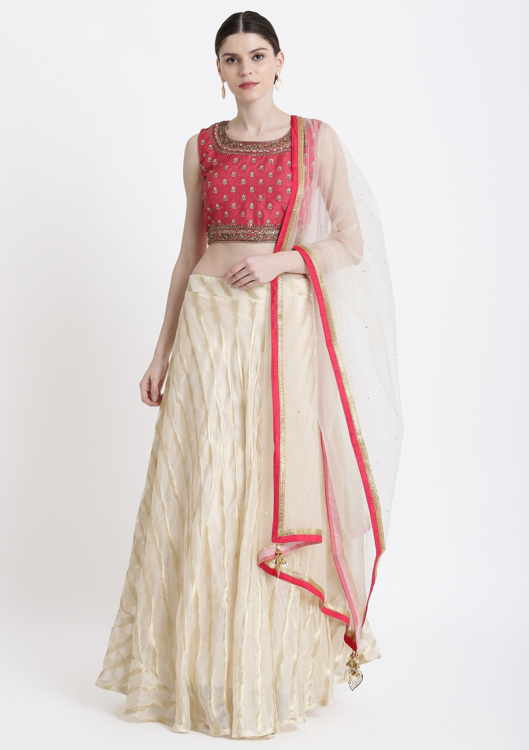 Cream Cutdana Net Designer Lehenga-Koskii