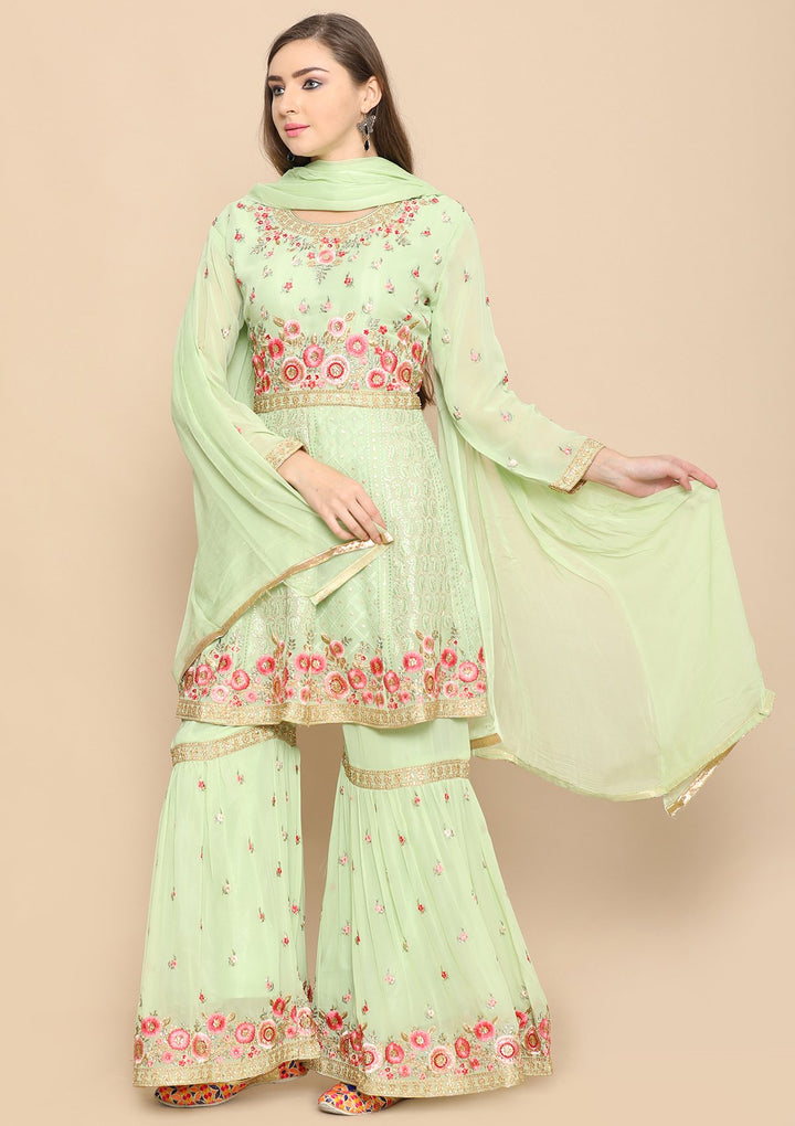 Light Green Thread Work Net Designer Sharara-Koskii