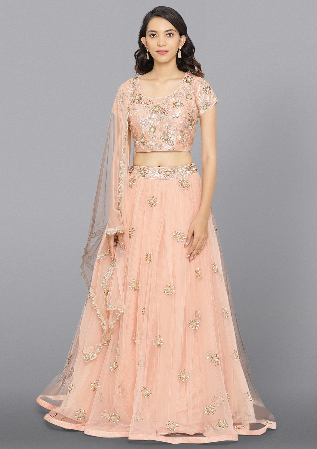 Peach Gotapatti Net Designer Lehenga-Koskii