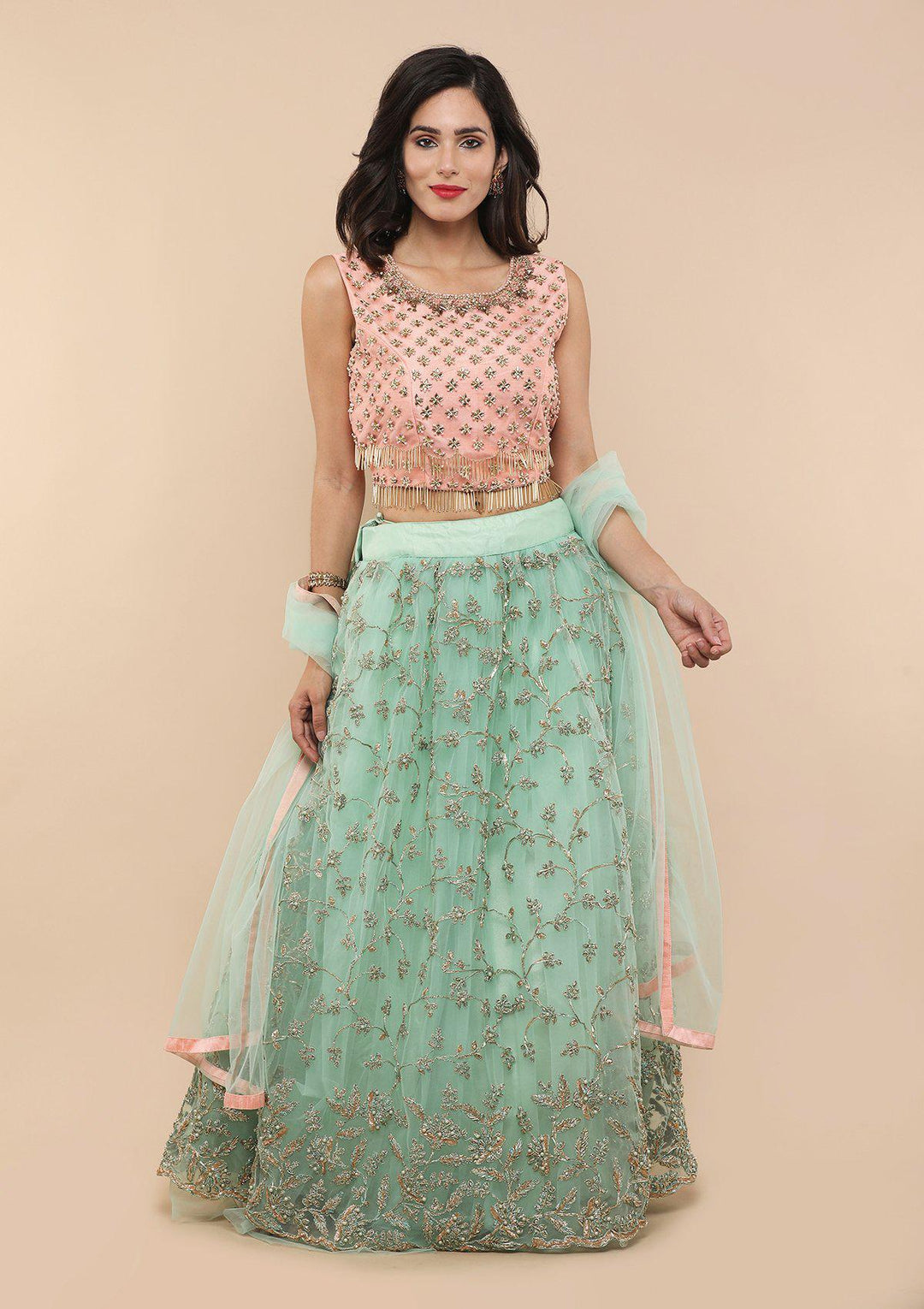 Pink and Pista Green Net Designer Lehenga-Koskii