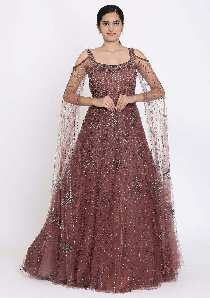 Mauve Stone Work Net Designer Gown - koskii
