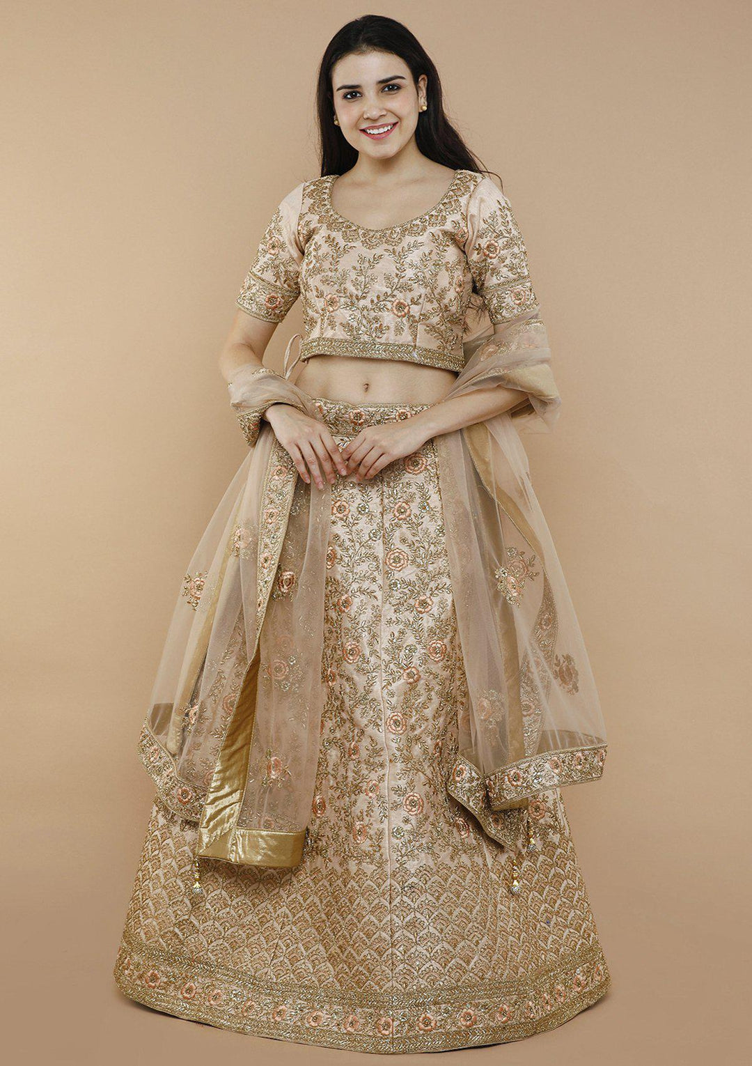 koskiii peach floral work bridal lehenga-Koskii