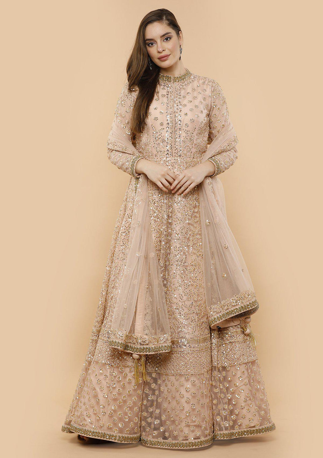 Peach Sequinned Net Designer Gown-Koskii