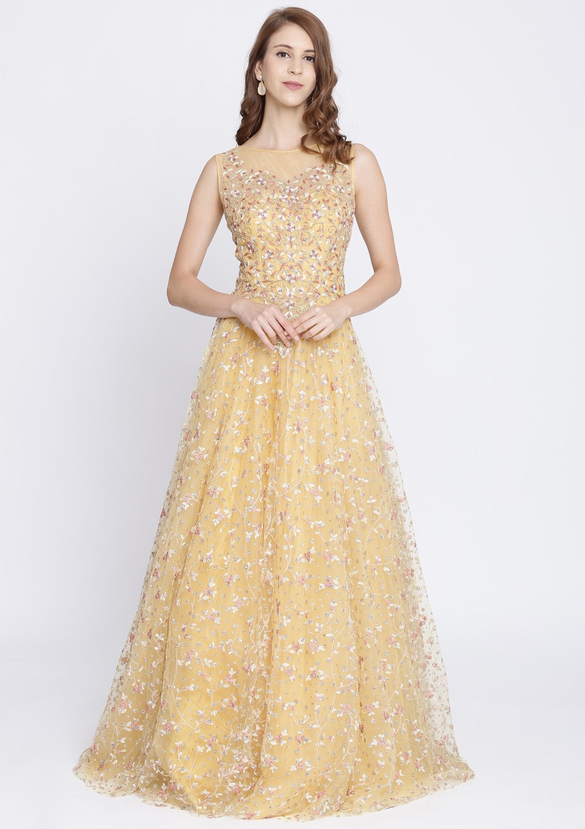 Yellow Zariwork Net Designer Gown-Koskii