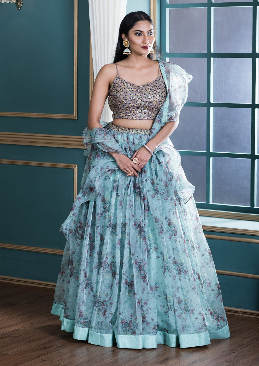 Sea Green Printed Designer Lehenga-Koskii