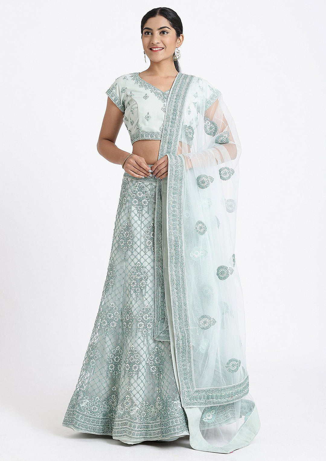 Sea Green Stone Work Net Designer Lehenga-Koskii