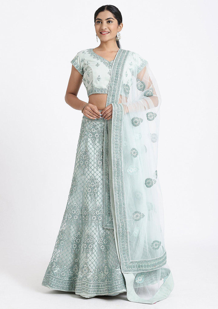 Sea Green Stone Work Net Designer Lehenga-Koskii