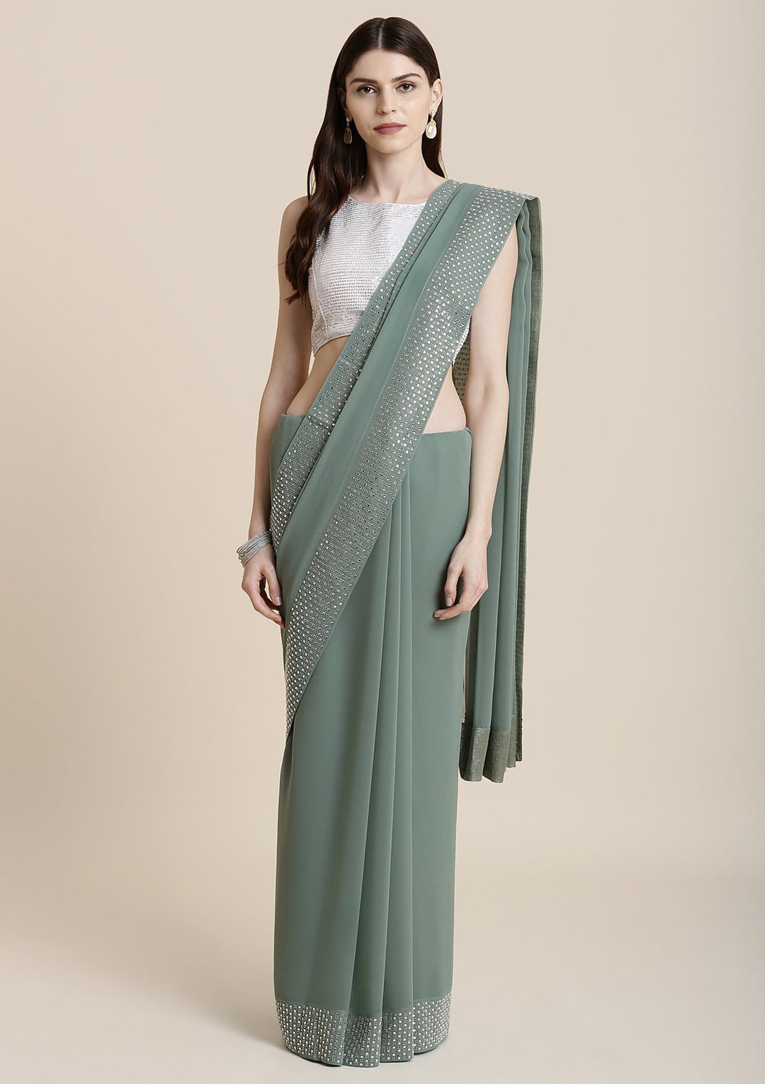 Sea Green Swarovski Georgette Designer Saree-Koskii