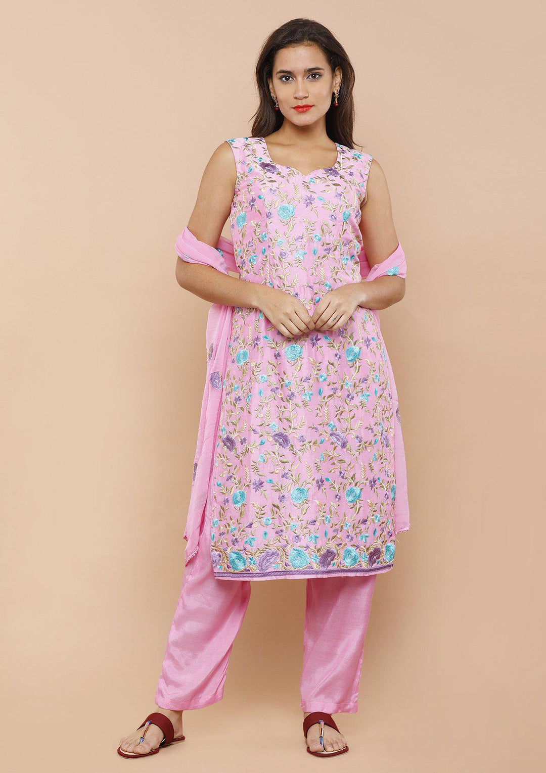 Pink Floral Thread work Designer Sawlar Suit-Koskii