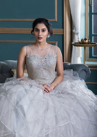 Grey Lace Work Net Designer Gown-Koskii