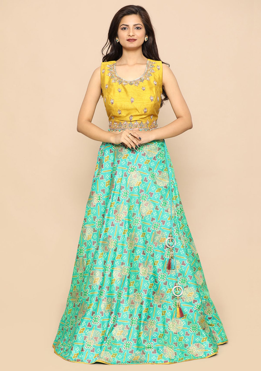 Green Thread Work Silk Designer Lehenga-Koskii
