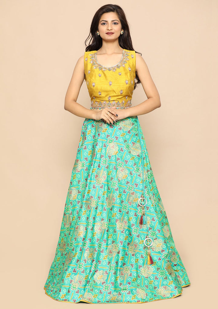 Green Thread Work Silk Designer Lehenga-Koskii